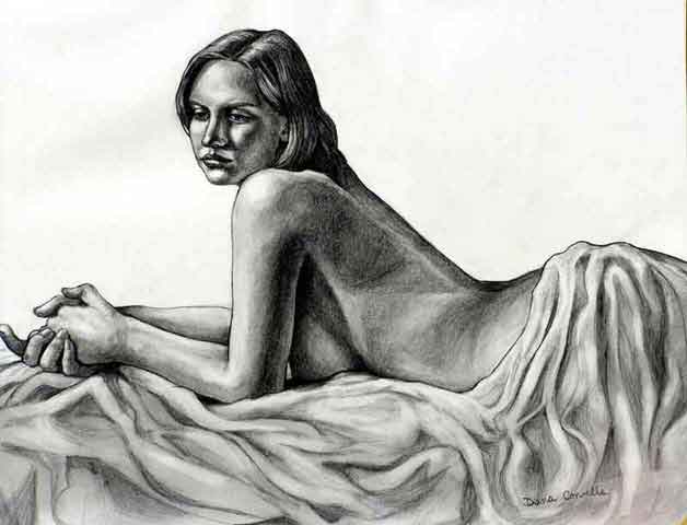 dessin et photo de charme, femme nue allongee